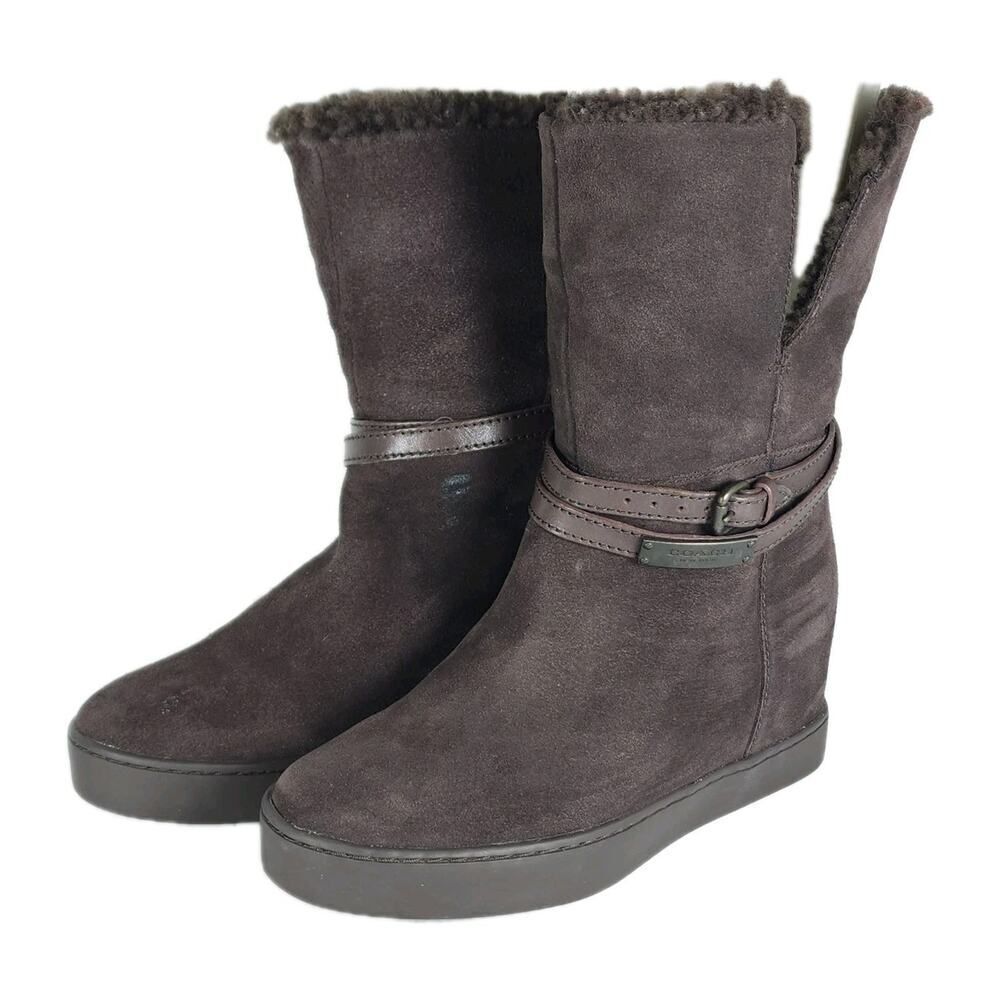 Coach Women's Norell US 7B Brown Suede Fold Down Sherpa Wedge Shearling Boots